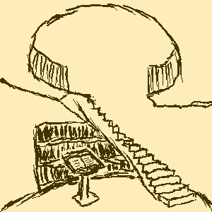a round room with a staircase along the wall to your left. in front of you is a lectern in front of a wall with an inset bookshelf.